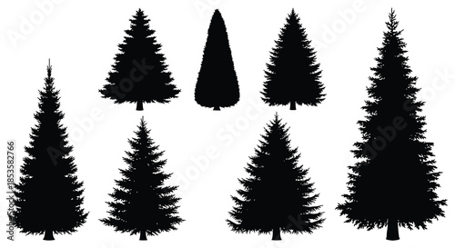 A collection of dark evergreen trees presented in a stark contrasting black silhouette