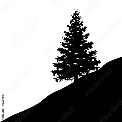 Evergreen Tree Silhouette On Hillside Minimalist Landscape Graphic For Outdoor Adventure Branding