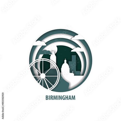 Birmingham, England paper cut, cityscape crafted vector illustration. Origami, layered art of city with skyline, buildings, landscape shape for sticker, badge, web, print