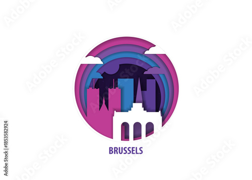 Brussels, Belgium paper cut, cityscape crafted vector illustration. Origami, layered art of city with skyline, buildings, landscape shape for sticker, badge, web, print