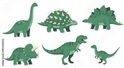 Collection of six popular green dinosaurs in a friendly cartoon style, including Tyrannosaurus Rex, Stegosaurus, and Triceratops.