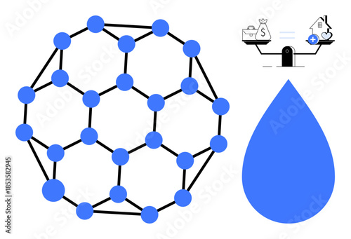 Molecular structure design. Molecular structure combines resource sustainability and healthcare balance. Molecular visuals sustainability in water management and health industries. Science, medicine