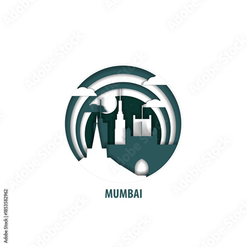 Mumbai, India paper cut, cityscape crafted vector illustration. Origami, layered art of city with skyline, buildings, landscape shape for sticker, badge, web, print