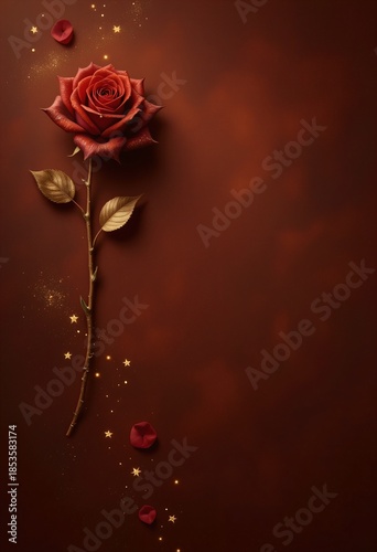 Minimal romantic design with red rose and glowing golden particles