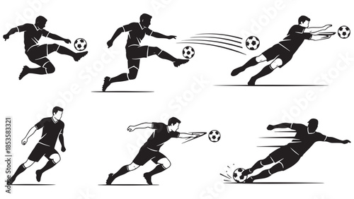 Vector silhouette set of soccer players in action poses including kicking running and goalkeeping
