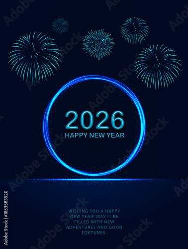 2026 circular glowing poster with futuristic ring and fireworks celebration design