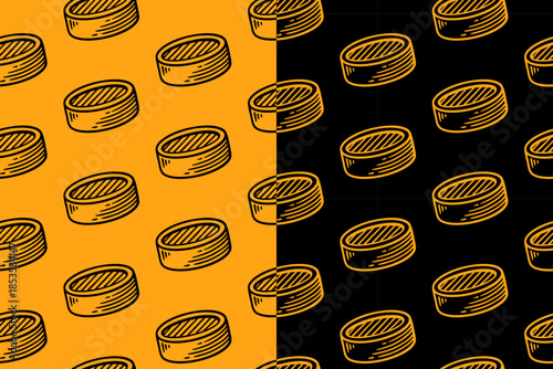 Hockey puck engraving seamless pattern on yellow black background set for sport merchandise. Hockey disc hatching pattern background. Ice hockey puck line art motif wallpaper. Vector Illustration
