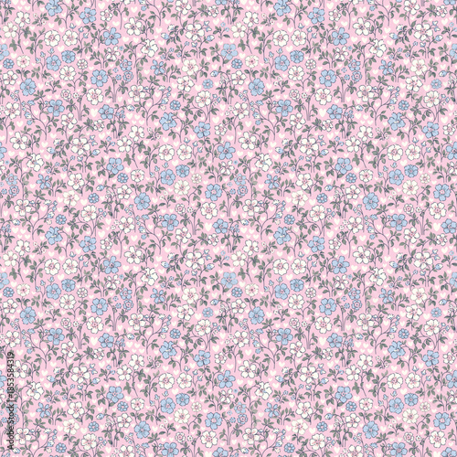Cute flower pattern in small design. Small pink blue flowers on pink color background. Ditsy floral seamless pattern. Pretty ditsy print. liberty style, design for fashion, fabric, wallpaper, textile