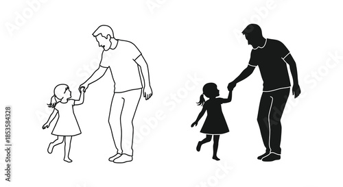 A heartwarming scene depicts a father and daughter holding hands shown in both line art and silhouette
