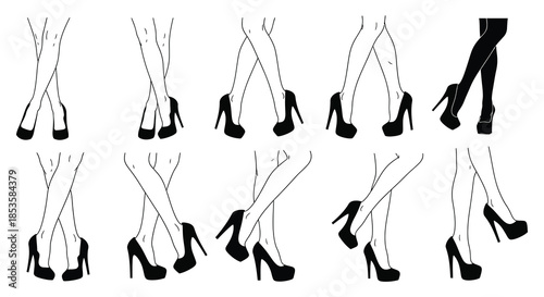 A collection of elegantly crossed legs and high heels depicted in a striking black silhouette