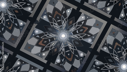 Abstract kaleidoscope pattern with floral and geometric shapes in shades of gray and black color palette