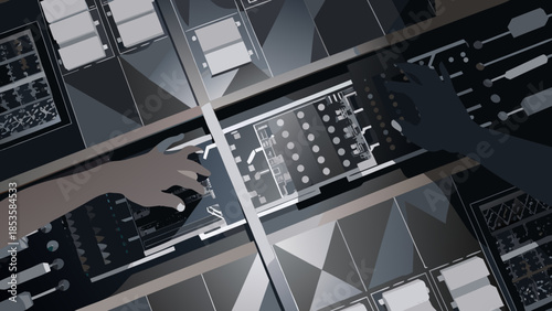 Overhead view of hands interacting with multiple complex displays and interfaces in gray and white tones