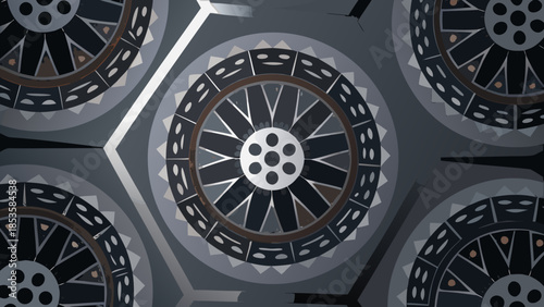 Abstract circular patterns with geometric shapes in shades of gray and black creating a tiled design