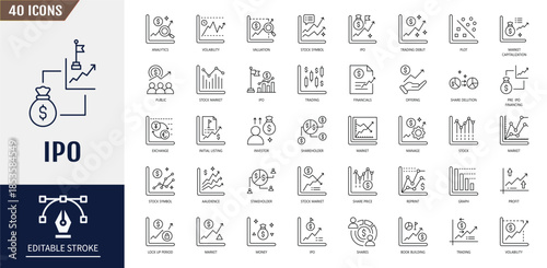 IPO icon set. Stocks, trading, shares, equity, stock market and more. Vector illustration
