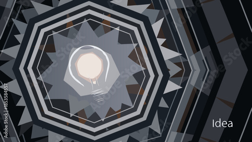 Abstract geometric pattern with central light bulb and idea text in the corner design element art