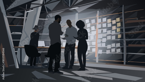 Team collaboration in a modern office space with people discussing ideas and working on a project together