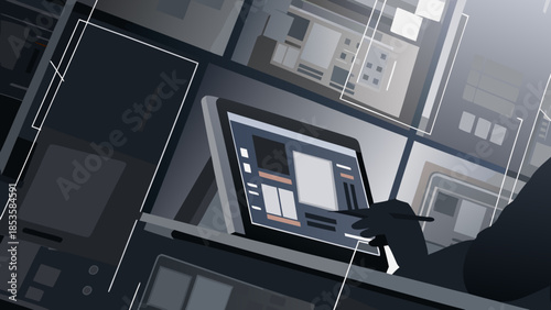 Person using a stylus on a tablet with a user interface surrounded by abstract geometric shapes and screens