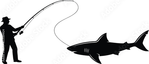 Fishing silhouette with shark, dramatic catch scene, black and white illustration, outdoor adventure art, strength and motion, humorous exaggeration