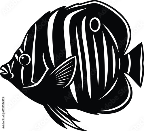 A striking black and white illustration of an angelfish in profile view