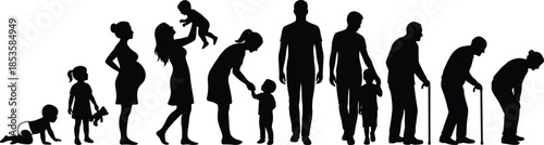 Human life cycle silhouette, age progression art, family evolution, generational stages, aging concept, black and white illustration, symbolic timeline