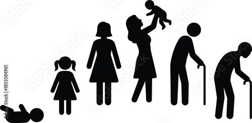 Human life cycle silhouette, age progression art, family growth timeline, emotional aging concept, black and white illustration, development stages