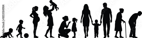 Human life cycle silhouette, family aging stages, generational growth, motherhood concept, symbolic timeline, black and white art, development journey