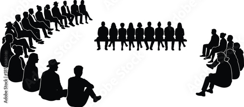 Seated silhouette circle, central bench group, community meeting art, social interaction scene, black and white illustration, inclusive gathering concept