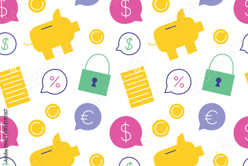 Flat cartoon vector illustration of finance pattern with coins, piggy banks, dollar and euro signs, percent symbols and lock icon, payment theme, seamless design for banking and economy projects
