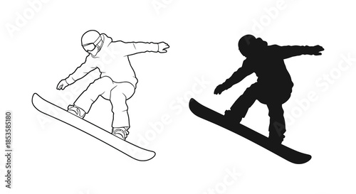 A dynamic illustration displays a snowboarder in both line art and solid black silhouette