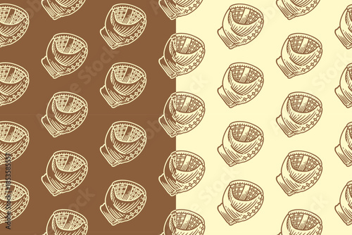 Baseball catcher glove engraving seamless pattern on tan beige background set for merchandise. Catcher mitt hatching pattern background. Baseball catching glove line art motif wallpaper