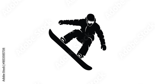 A dynamic portrayal of a snowboarder mid air showcasing an athletic jump and impressive skill silhouette