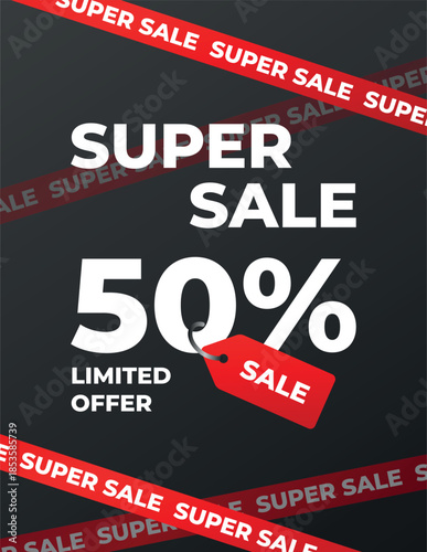 Banner “Super Sale: 50% Discount” with red price tag “Sale” and “Super Sale” ribbons