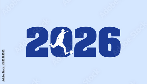 Grafik als Symbolbild für Fußball 2026. Fußballspieler mit Ball vor Jahreszahl als SVG Vektor Logo in blau gestaltet.