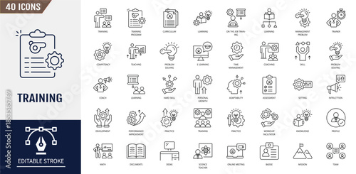 Training icon set. Team building, workshop, coaching, teamwork, meeting, managing, coaching, motivation and more. Editable stroke. Vector illustration