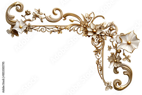 Marco decorativo ornamental de flores blancas y doradas en 3D con volutas