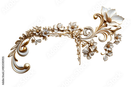 Marco decorativo ornamental de flores blancas y doradas en 3D con volutas barrocas, elemento de diseño de lujo aislado