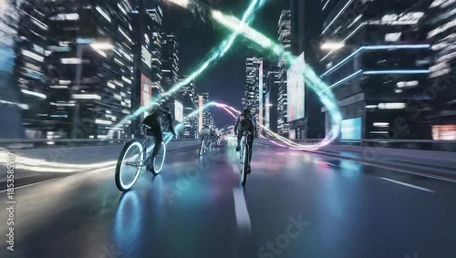 Cyclists racing through a futuristic city at night with neon light trails.
