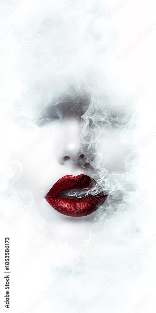 Obraz premium Retrato conceptual de una mujer con labios rojos vibrantes emergiendo de una nube de humo blanco, estilo artístico minimalista sobre fondo blanco aislado.