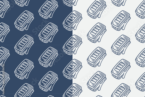 Hockey glove engraving seamless pattern on blue grey background set for merchandise. Goalie hockey mitten hatching pattern background. Padded hockey glove hand protector line art motif wallpaper