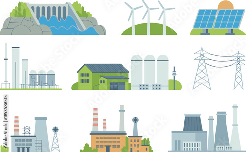 Energy production illustration set featuring renewable and industrial power plants, solar wind hydro nuclear facilities, electricity infrastructure, flat minimalist vector design