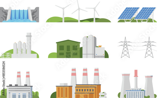 Energy production illustration set featuring renewable and industrial power plants, solar wind hydro nuclear facilities, electricity infrastructure, flat minimalist vector design