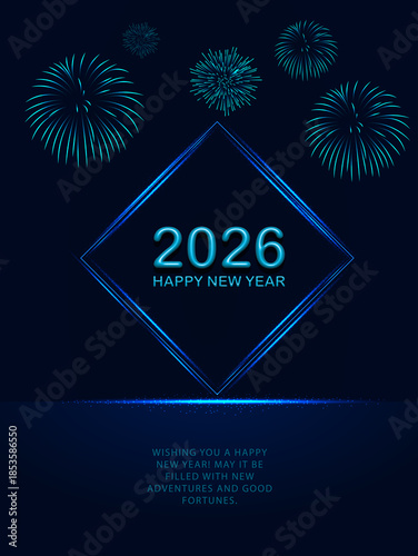 2026 glowing new year poster with fireworks futuristic night celebration background