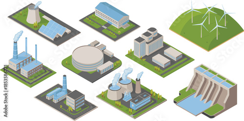 Isometric energy production illustration set featuring renewable and industrial power plants, solar wind hydro nuclear facilities, sustainable electricity infrastructure concept