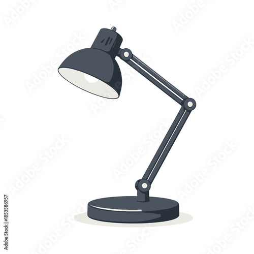 vector illustration of a black adjustable desk lamp with flexible arm, round base, and white lampshade, isolated on white background