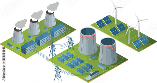 Isometric power generation illustration showing nuclear plant solar panels wind turbines and electricity grid infrastructure for renewable and traditional energy concept