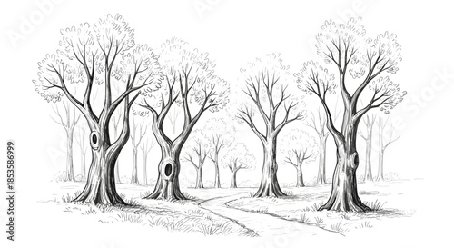 Serene black and white ink sketch of a winding path leading through a peaceful grove of deciduous trees in a park or forest.