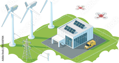 Isometric renewable energy illustration showing wind turbines, solar powered building, smart grid infrastructure, drones, and sustainable power generation technology