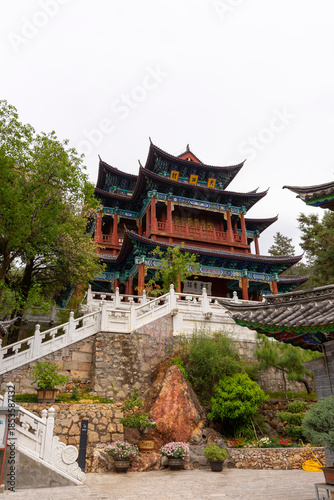 Beautiful architecture of Dongba Culture Research Institute at Black Dragon Pool Park in Lijiang Old Town, China