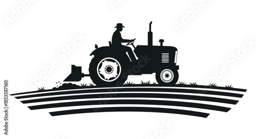 A striking black and white illustration depicts a farmer driving a tractor across farmland silhouette