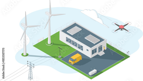 Isometric renewable energy illustration showing wind turbines, solar powered building, smart grid infrastructure, drones, and sustainable power generation technology